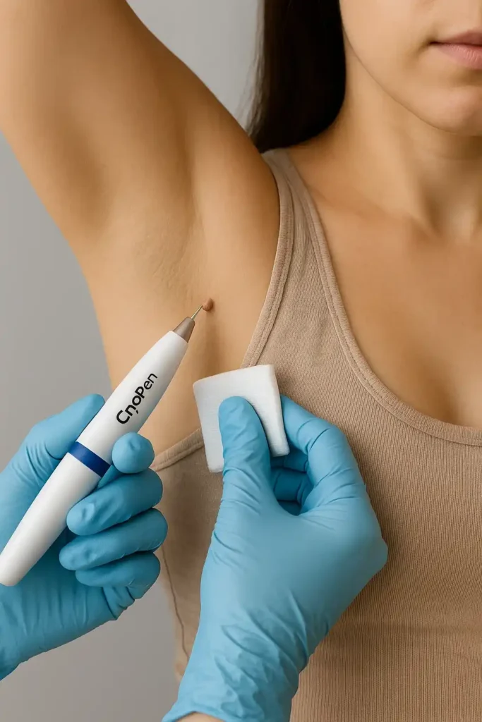 woman having cryopen to remove underarm skin tags Eastbourne